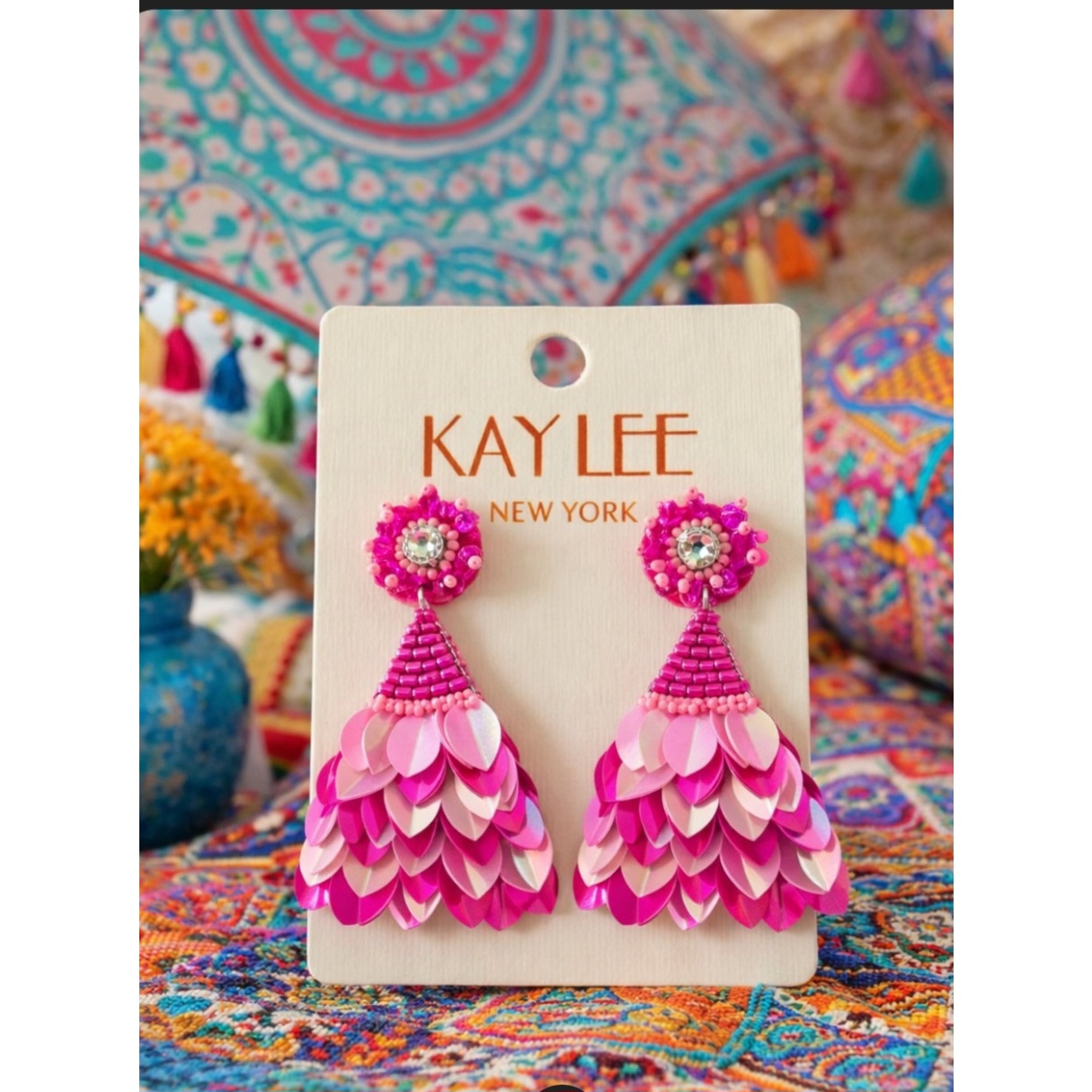 Kay Lee Pink Foil Layered Glass Beaded Earrings New